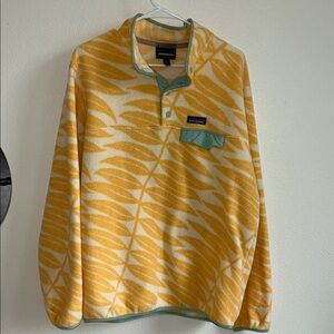 Patagonia Synchilla Yellow Leaf Print Fleece Pullover Sweater Sz XL